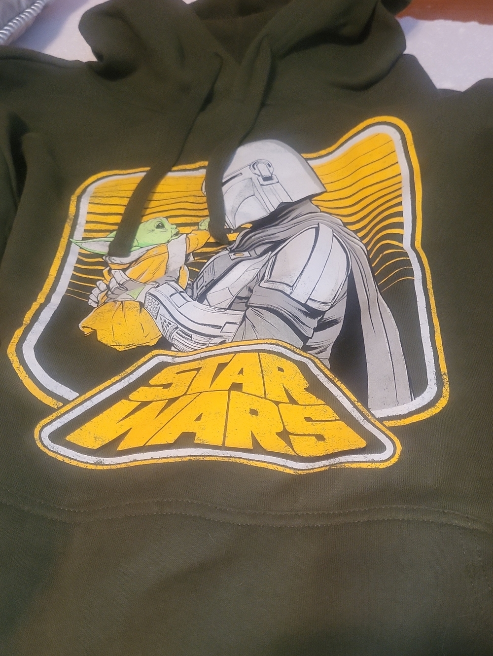 Star Wars Olive Mens Hoodie with Yellow & Gray Grogu and Mandalorian Graphic